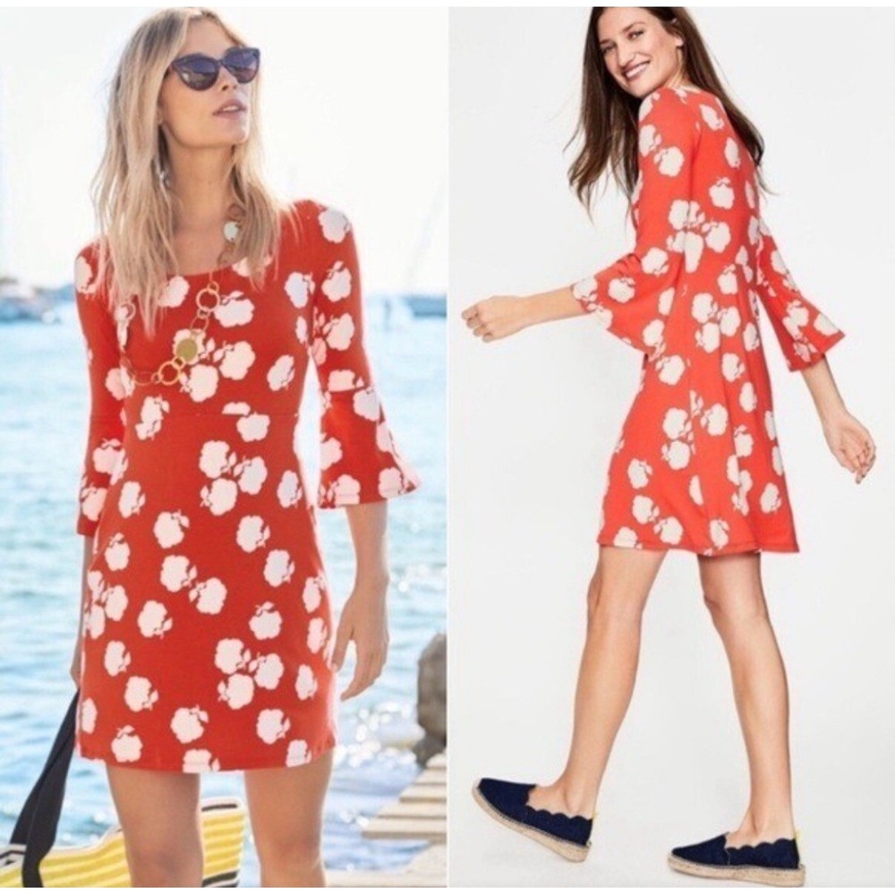 Boden Women's Miriam Red White 3/4 Bell Sleeve Fit Flare Floral Dress Size 14‎